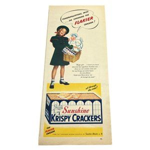 Vintage 1948 Sunshine Krispy Crackers Print Ad Little Girl Basket Color Ad
